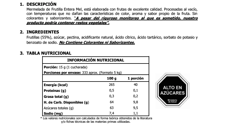 Tabla nutriconal mermelada de frutilla Mel Alimentos