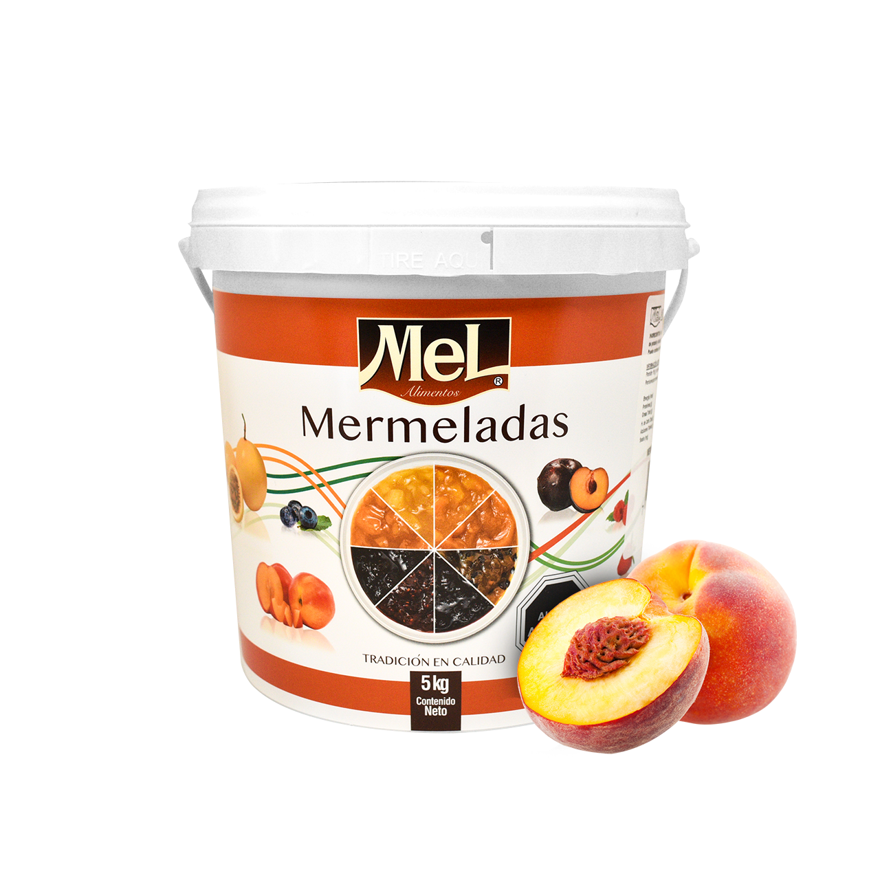 Balde 5kg mermelada premium durazno Mel Alimentos, uso en pastelería