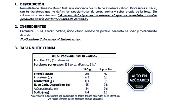 Mermelada Damasco Molido Mel Alimentos 5kg.