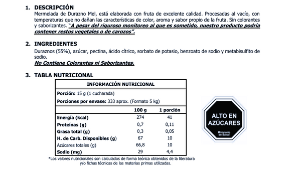 Mermelada Durazno Mel Alimentos 5kg.