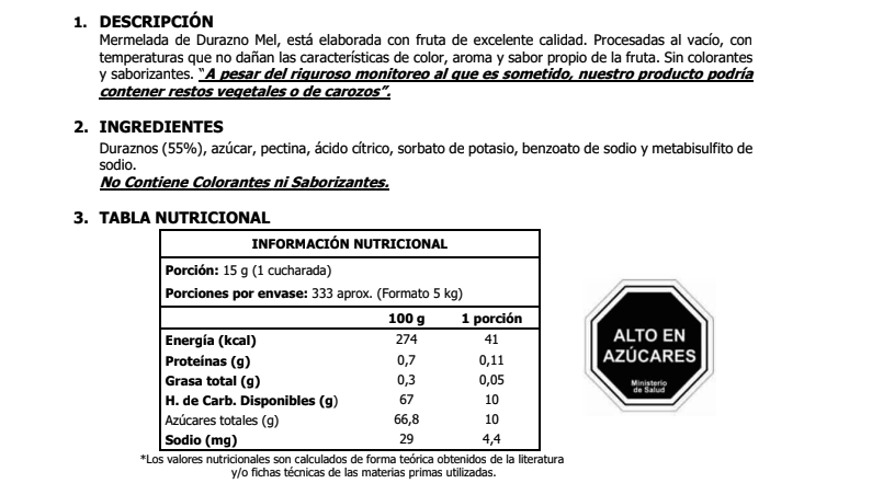 Ficha técnica mermelada de durazno Mel Alimentos