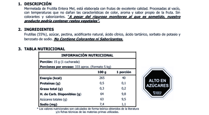 Tabla nutriconal mermelada de frutilla Mel Alimentos