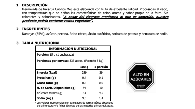 Tabla nutricional mermelada de naranja con trozos Mel Alimentos