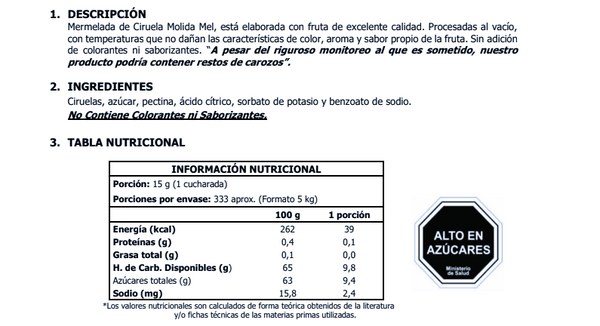 Mermelada Ciruela Molida Mel Alimentos 5kg.