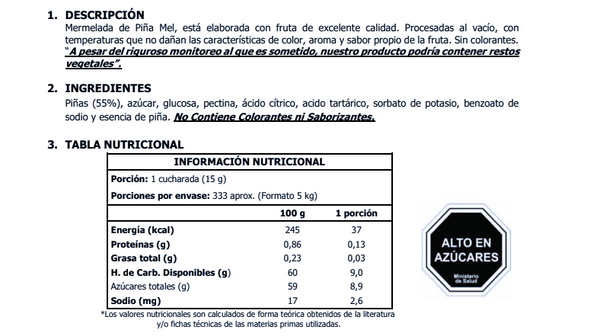 Mermelada Piña Mel Alimentos 5kg.