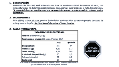 Tabla nutricional mermelada de pila Mel Alimentos