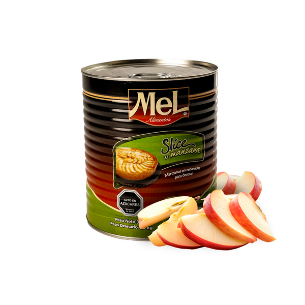 Manzanas peladas y finamente rebanadas en forma de medialunas. Especialmente diseñadas para decoración y relleno de tartas y kuchenes. 
